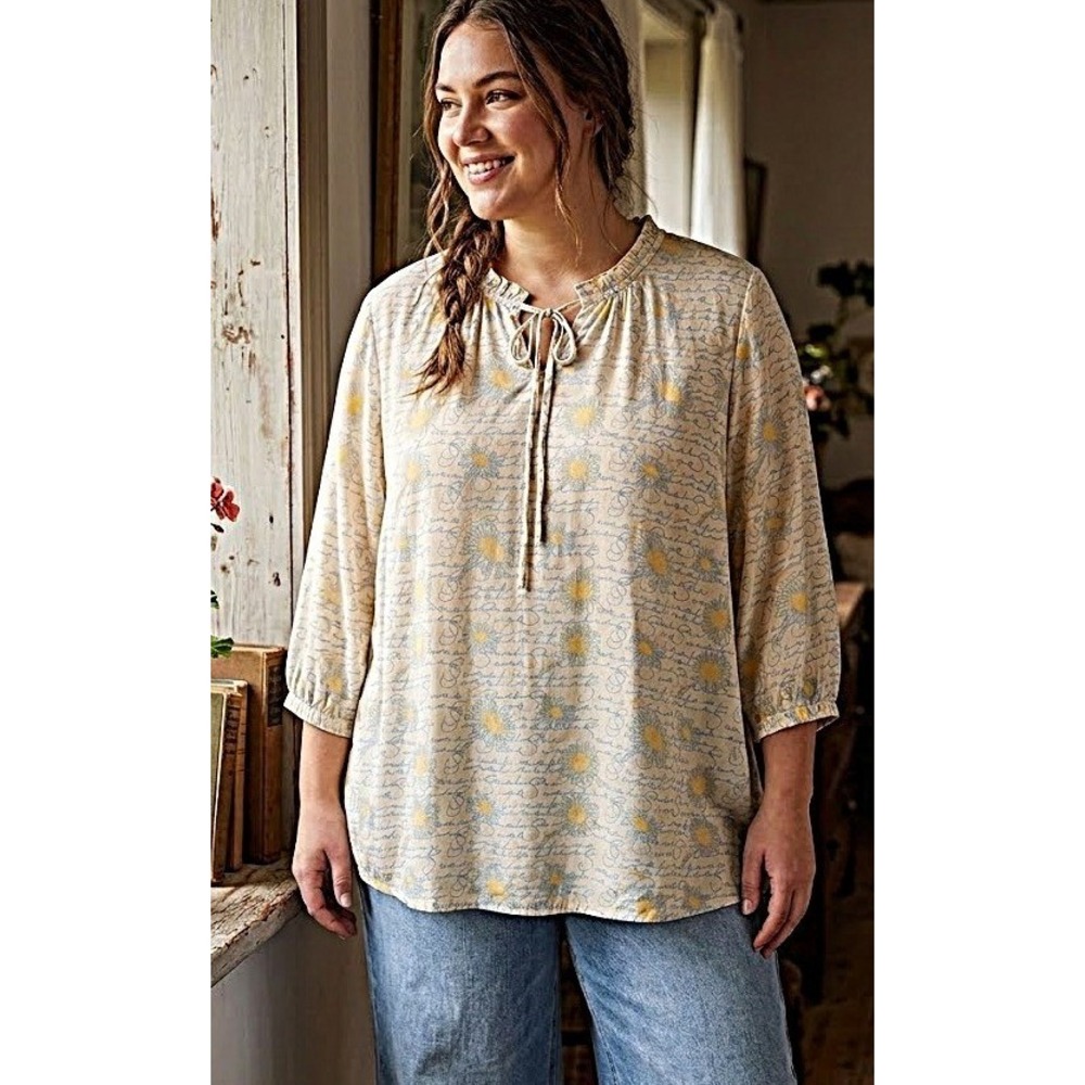 NWT Ulla Popken Cottagecore Sunflower Top Size 20/22 Relaxed Fit Boho Peasant
